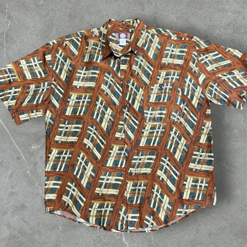 Chiamare Vintage 90s Abstract Geometric Brown Green Silk Button Up Shirt Mens L
